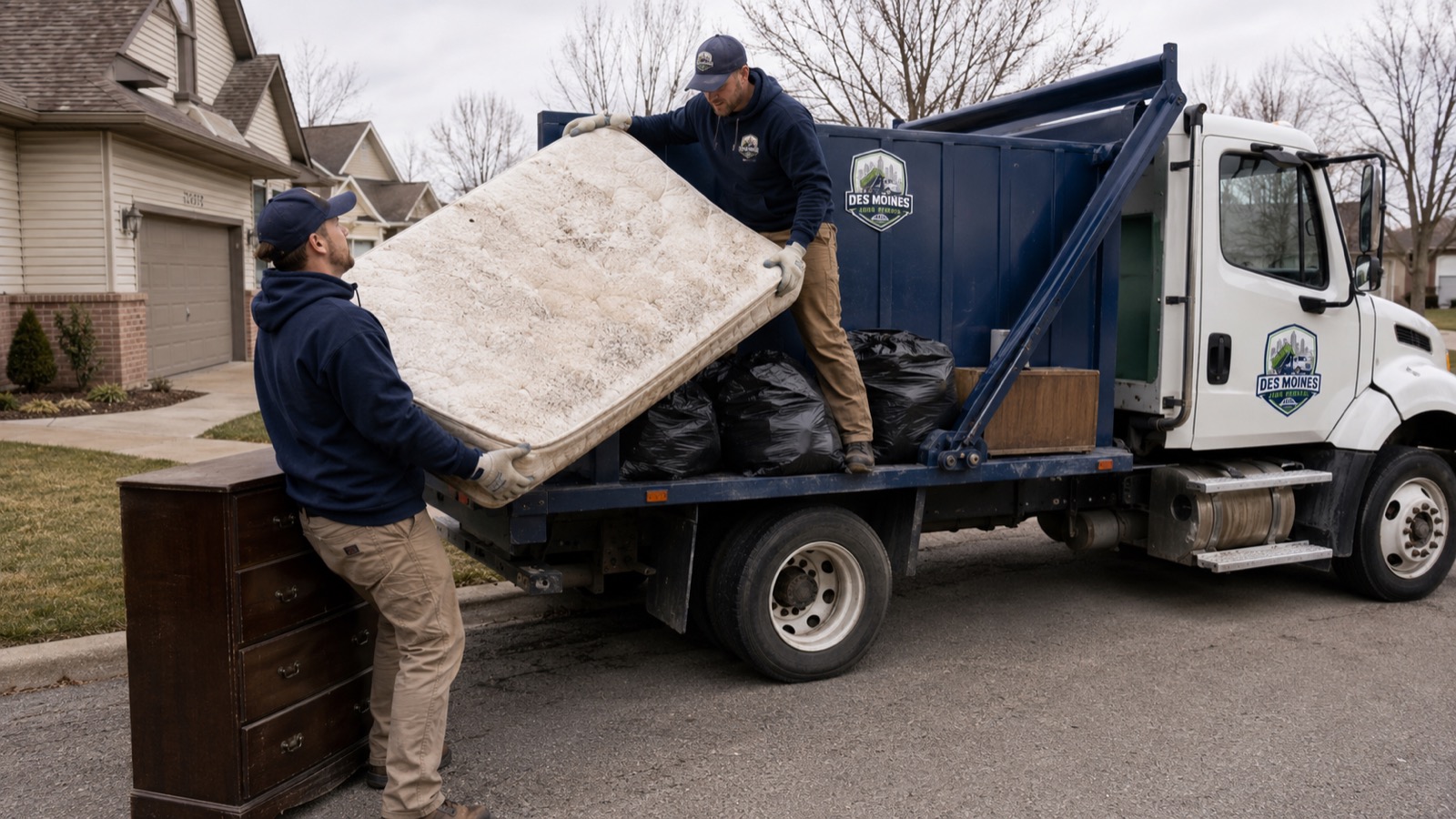Furniture removal Des Moines crew loading a couch into a junk hauling truck